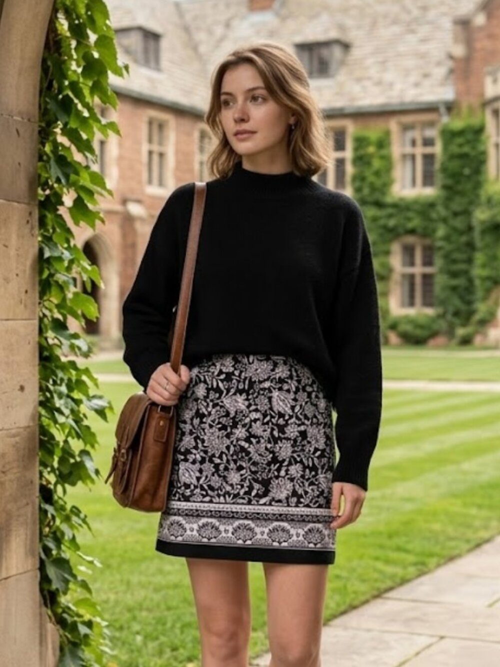 Talbots Size 4 Mini Floral Black White Skirt Old Money Academia Preppy Poet AOP